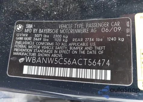 2010 BMW 550I z USA, uszkodzony, nr VIN WBANW5C56ACT56474